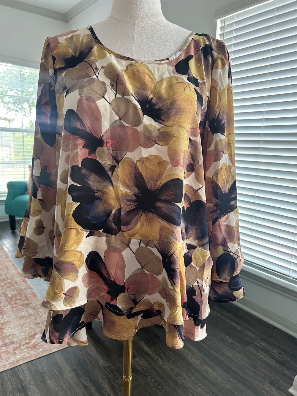 Spense Floral Chiffon Blouse in Mustard, Black & Blush